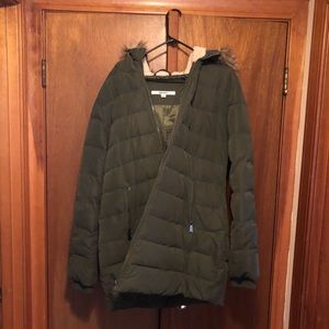 DKNY Olive green puffer coat with fur trim